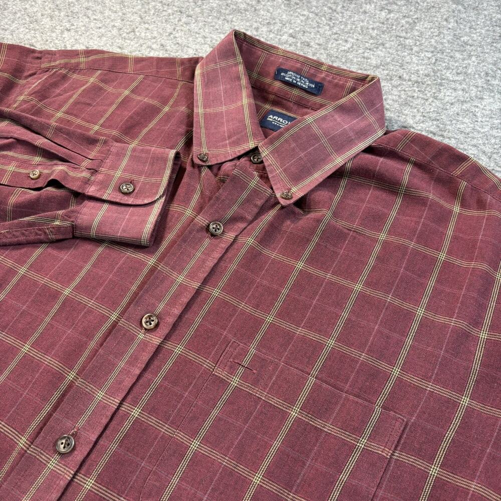 Arrow Mens Shirt XL Tall Maroon Plaid Heritage Twill Button Down Long Sleeve